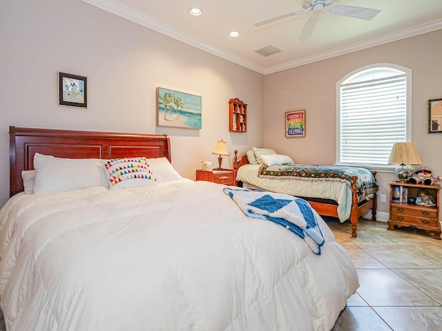 tiled bedroom with ceiling fan and ornamental molding