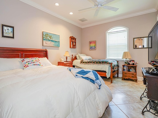 tiled bedroom featuring ceiling fan and crown molding