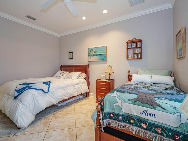 bedroom featuring tile flooring, ornamental molding, and ceiling fan