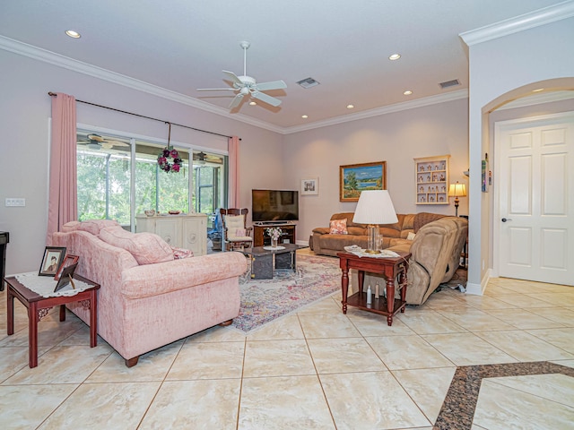 tiled living room featuring ceiling fan and crown molding