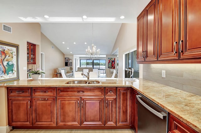 kitchen featuring stainless steel dishwasher, vaulted ceiling, sink, pendant lighting, and an inviting chandelier