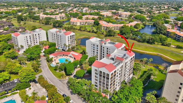 aerial view featuring a water view