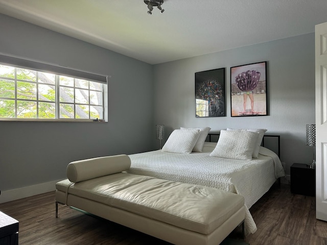 bedroom with dark hardwood / wood-style floors