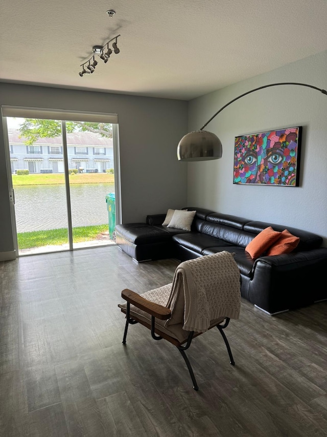 living room with a water view, wood-type flooring, and a wealth of natural light