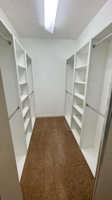 walk in closet featuring dark colored carpet