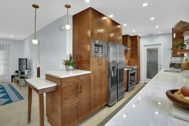 kitchen featuring light stone counters, stainless steel appliances, extractor fan, sink, and hanging light fixtures