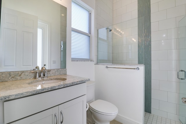 bathroom featuring vanity, toilet, and a shower with door