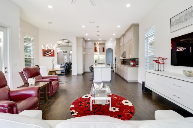 living room featuring sink, a wealth of natural light, and dark hardwood / wood-style floors