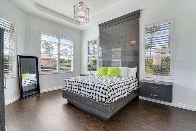 bedroom featuring a chandelier, a tray ceiling, and dark hardwood / wood-style flooring