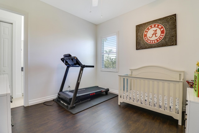 exercise area with dark hardwood / wood-style flooring