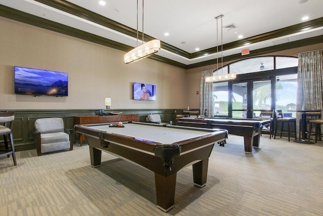 rec room with a high ceiling, crown molding, light carpet, and pool table