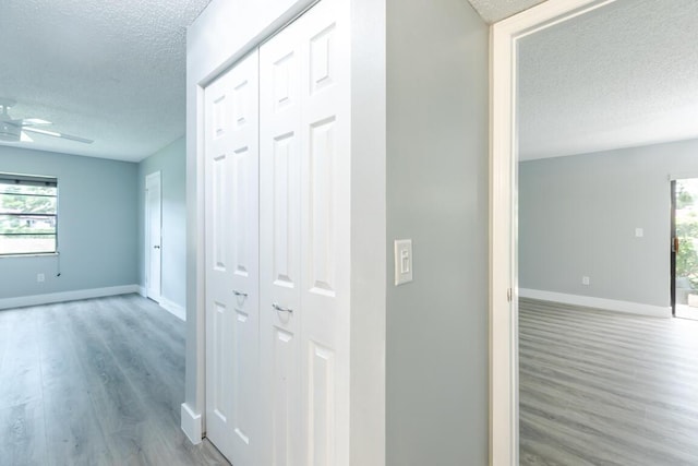 corridor with a healthy amount of sunlight, a textured ceiling, and light hardwood / wood-style floors