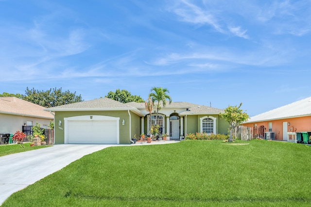 single story home featuring central AC, a garage, and a front yard