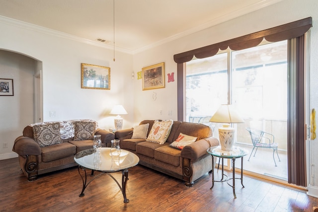 living room with crown molding and dark hardwood / wood-style flooring