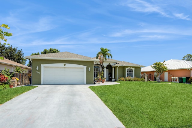 ranch-style home with a garage and a front lawn