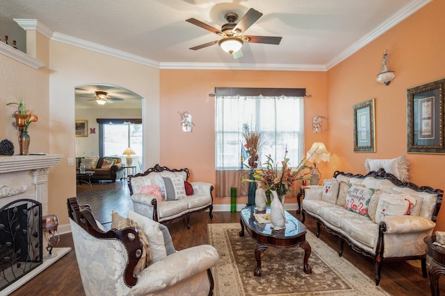 living room with ceiling fan, hardwood / wood-style flooring, and crown molding