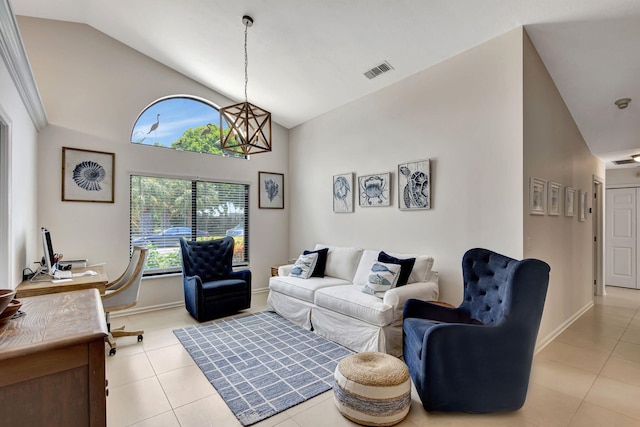 tiled living room featuring vaulted ceiling