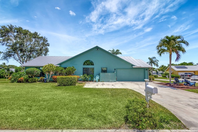 ranch-style house with a front lawn and a garage