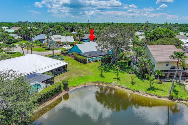 bird's eye view with a water view