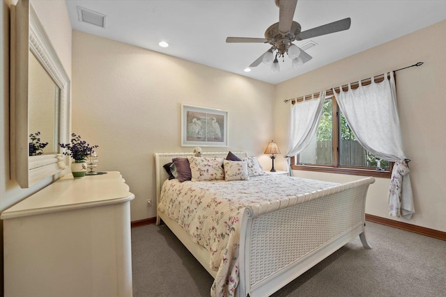 carpeted bedroom with ceiling fan