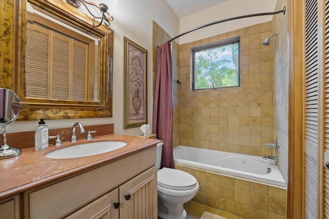 full bathroom with shower / bathtub combination with curtain, vanity, and toilet