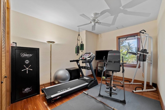 workout room featuring hardwood / wood-style floors and ceiling fan