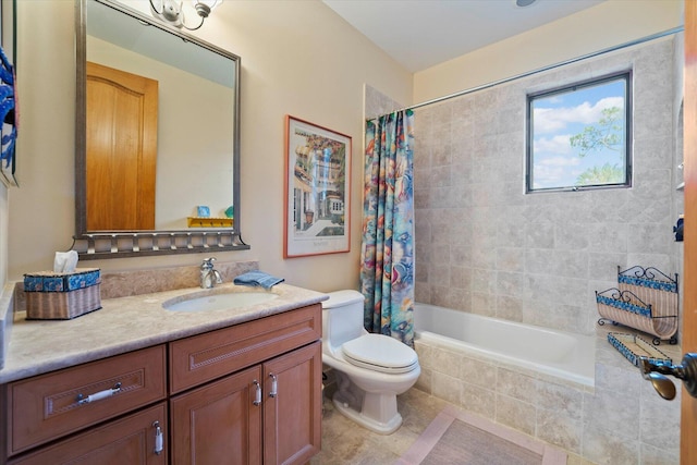 full bathroom with tile patterned floors, vanity, shower / bath combination with curtain, and toilet