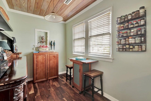 interior space with dark hardwood / wood-style flooring, wood ceiling, and crown molding