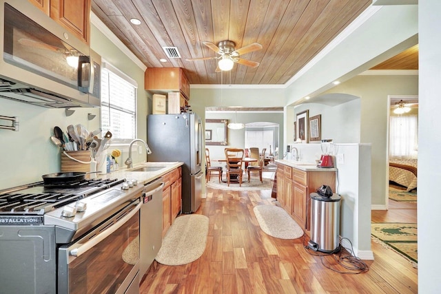 kitchen with ceiling fan, wooden ceiling, light wood-type flooring, and appliances with stainless steel finishes