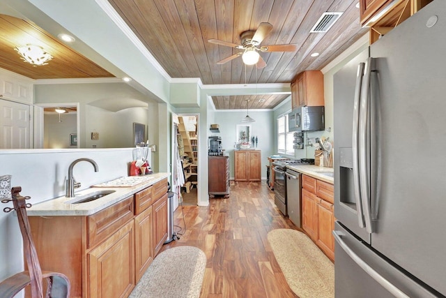 kitchen featuring ceiling fan, sink, wood-type flooring, wood ceiling, and appliances with stainless steel finishes