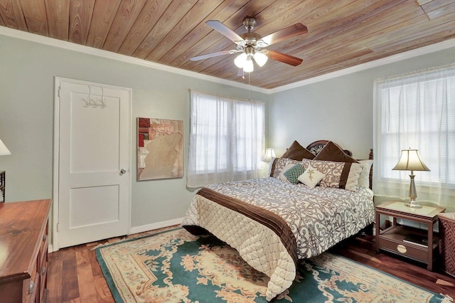 bedroom featuring multiple windows, ceiling fan, crown molding, and dark wood-type flooring