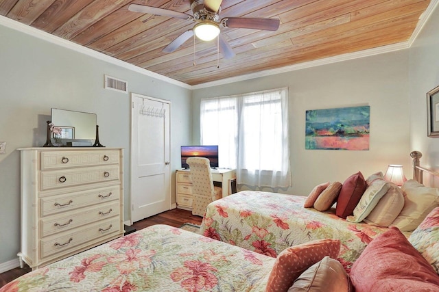 bedroom featuring ceiling fan, dark hardwood / wood-style floors, crown molding, a closet, and wood ceiling