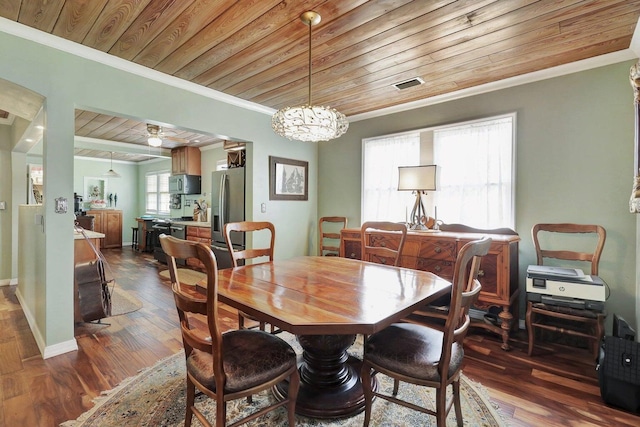 dining space with dark hardwood / wood-style floors, a notable chandelier, crown molding, and wood ceiling