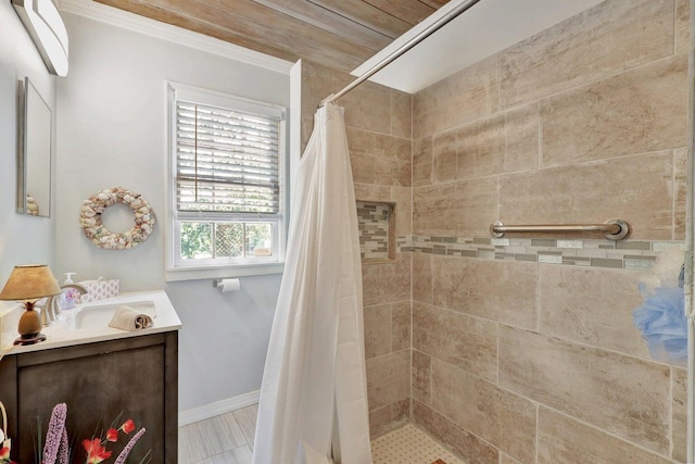 bathroom with vanity, curtained shower, and wood ceiling