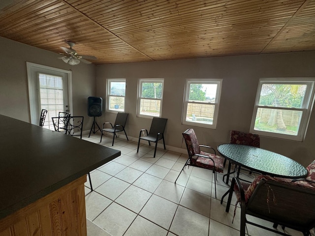 tiled dining room with ceiling fan and wooden ceiling