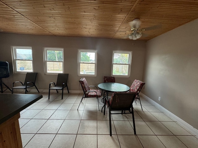 dining space with wooden ceiling, ceiling fan, and light tile flooring