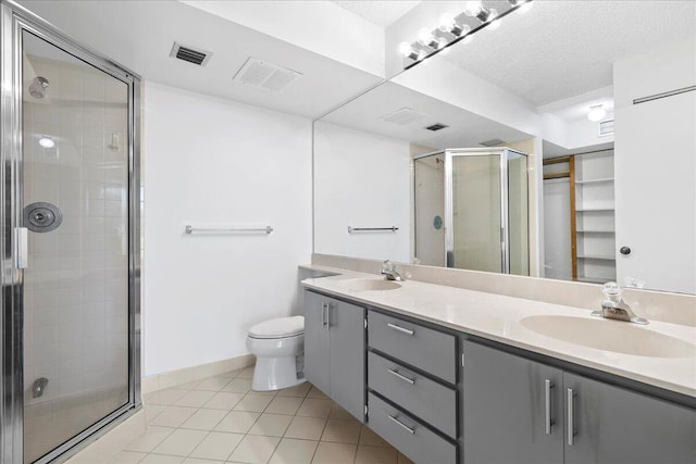 bathroom with tile patterned flooring, a sink, visible vents, and a shower stall