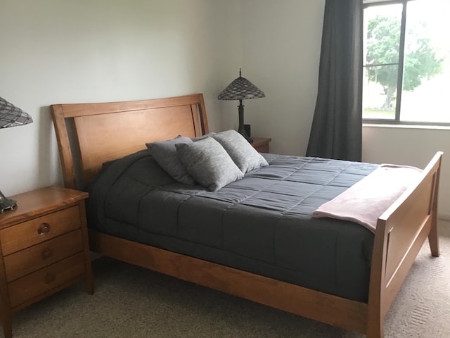 bedroom featuring light colored carpet