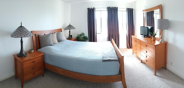 bedroom featuring light colored carpet