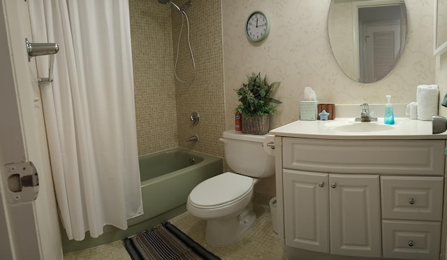 full bathroom featuring tile patterned flooring, shower / bath combination with curtain, toilet, and vanity