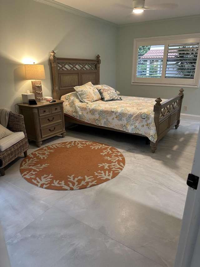 bedroom featuring ceiling fan and ornamental molding