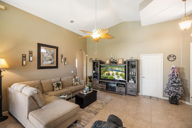 living room with vaulted ceiling and ceiling fan