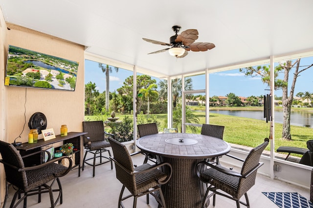 sunroom / solarium with a water view and ceiling fan