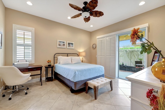 bedroom with light tile patterned flooring, access to exterior, and ceiling fan