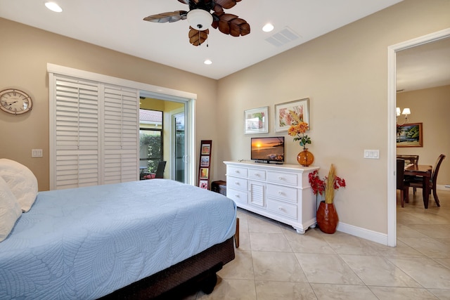 bedroom with light tile patterned floors, recessed lighting, visible vents, and baseboards