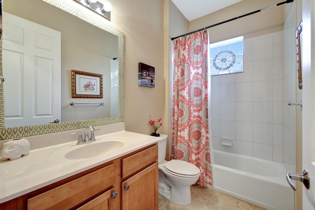 full bathroom with vanity, toilet, shower / tub combo with curtain, and tile patterned floors