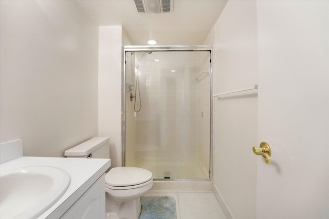 1600 NE Dixie Hwy Unit 10-205, Jensen Beach, FL 34957 - bathroom with a stall shower, toilet, vanity, and tile patterned flooring