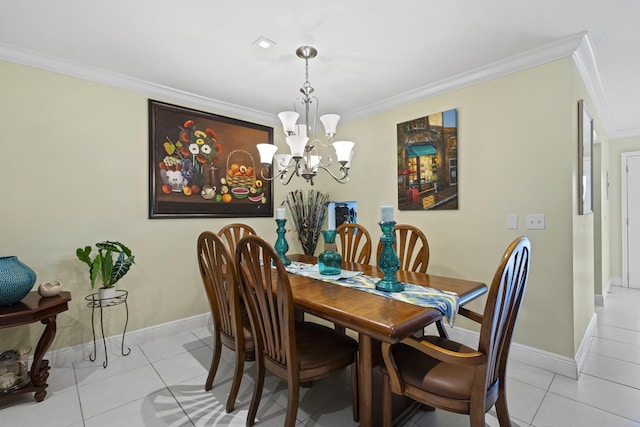 tiled dining room with crown molding and a chandelier