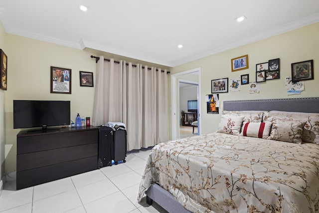 bedroom featuring light tile patterned floors and ornamental molding