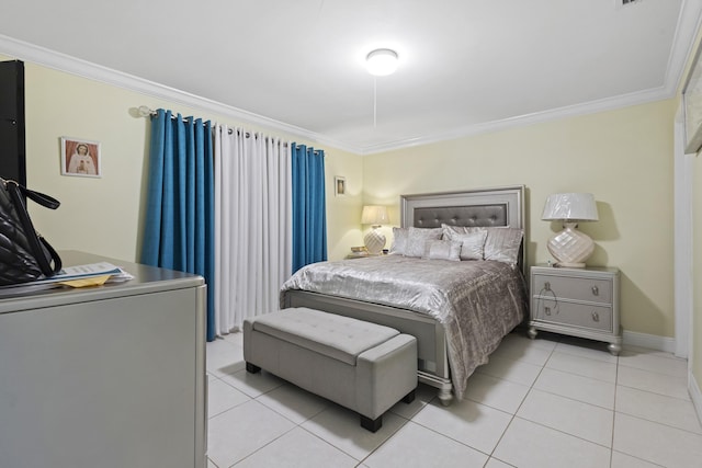 bedroom with light tile patterned floors and ornamental molding